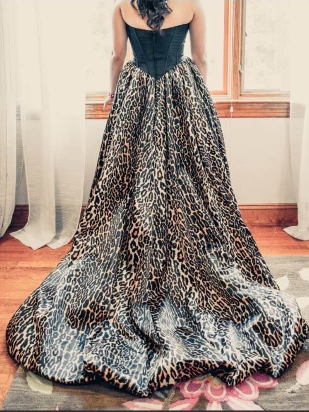 Sherri Hill Black Corset with Leopard-Print High-Low Skirt - Picture 3 of 4